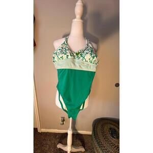 Green and White Floral One-Piece Swimsuit with Halter Neck (L)